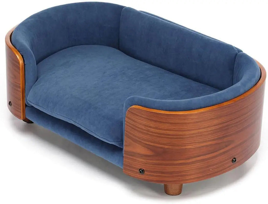 Modern Elevated Pet Sofa Bed with Wood Legs, Velvet Cushion, Washable Cover
