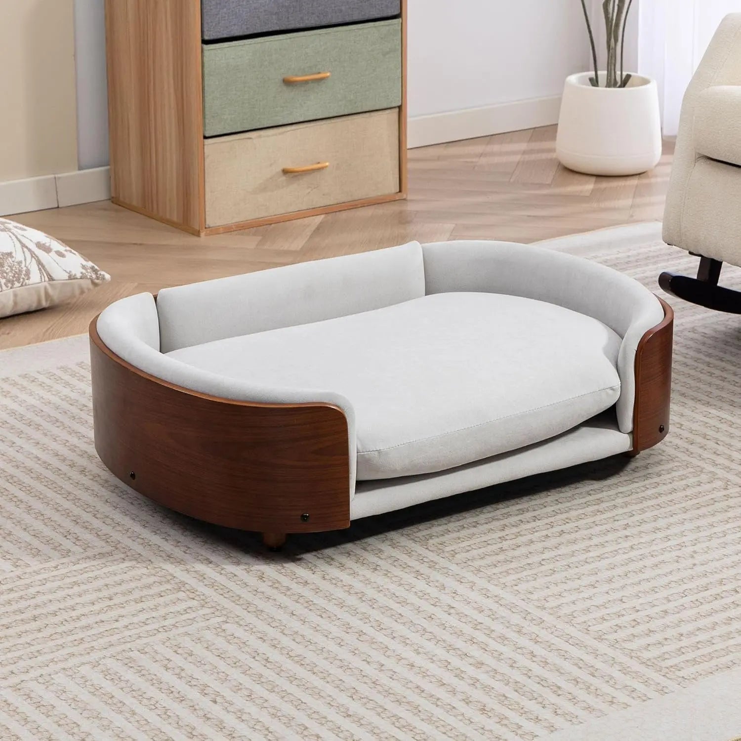 Modern Elevated Pet Sofa Bed with Wood Legs, Velvet Cushion, Washable Cover